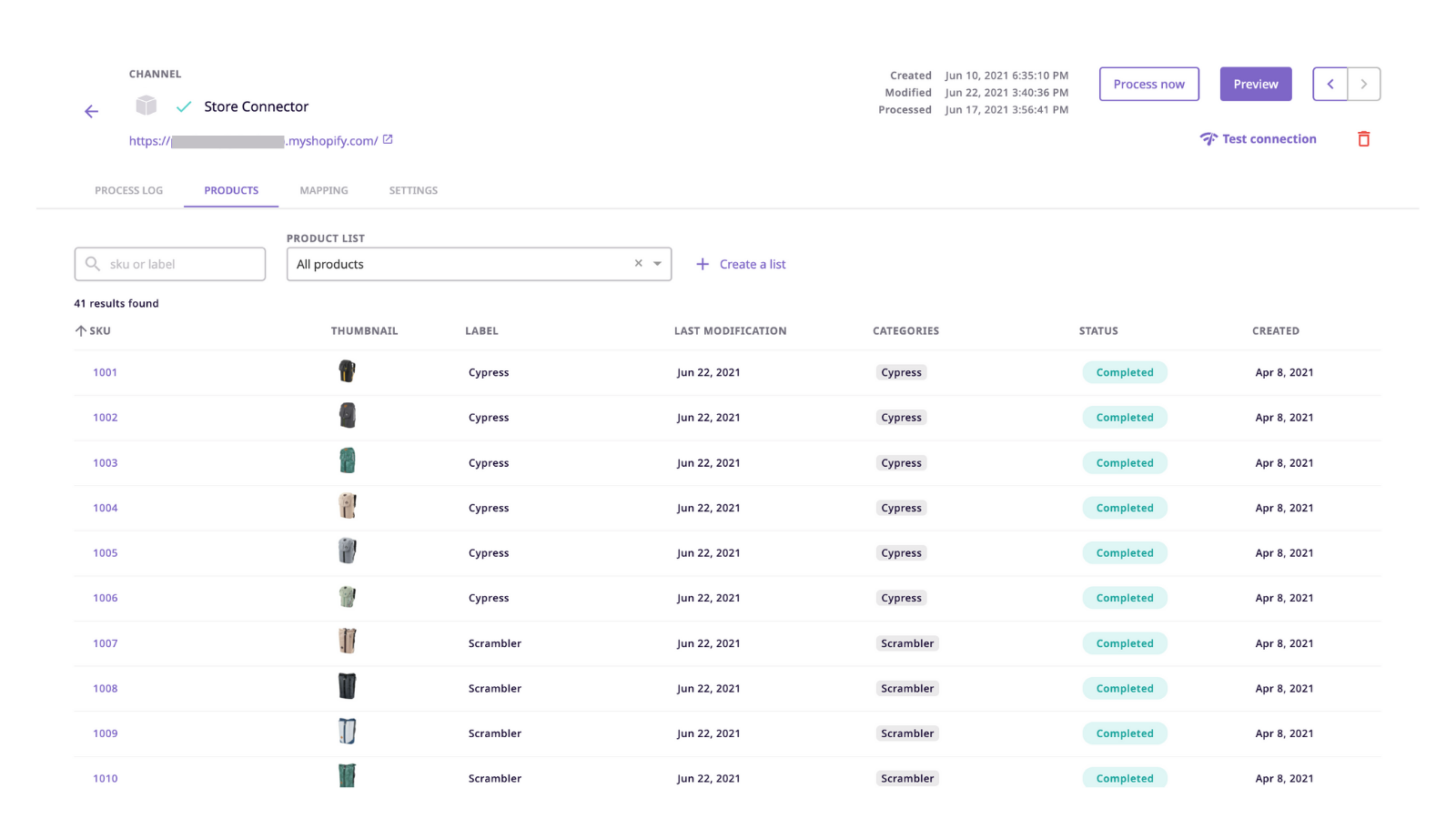 Product view before sending data to Shopify - SKUs and thumbnail information