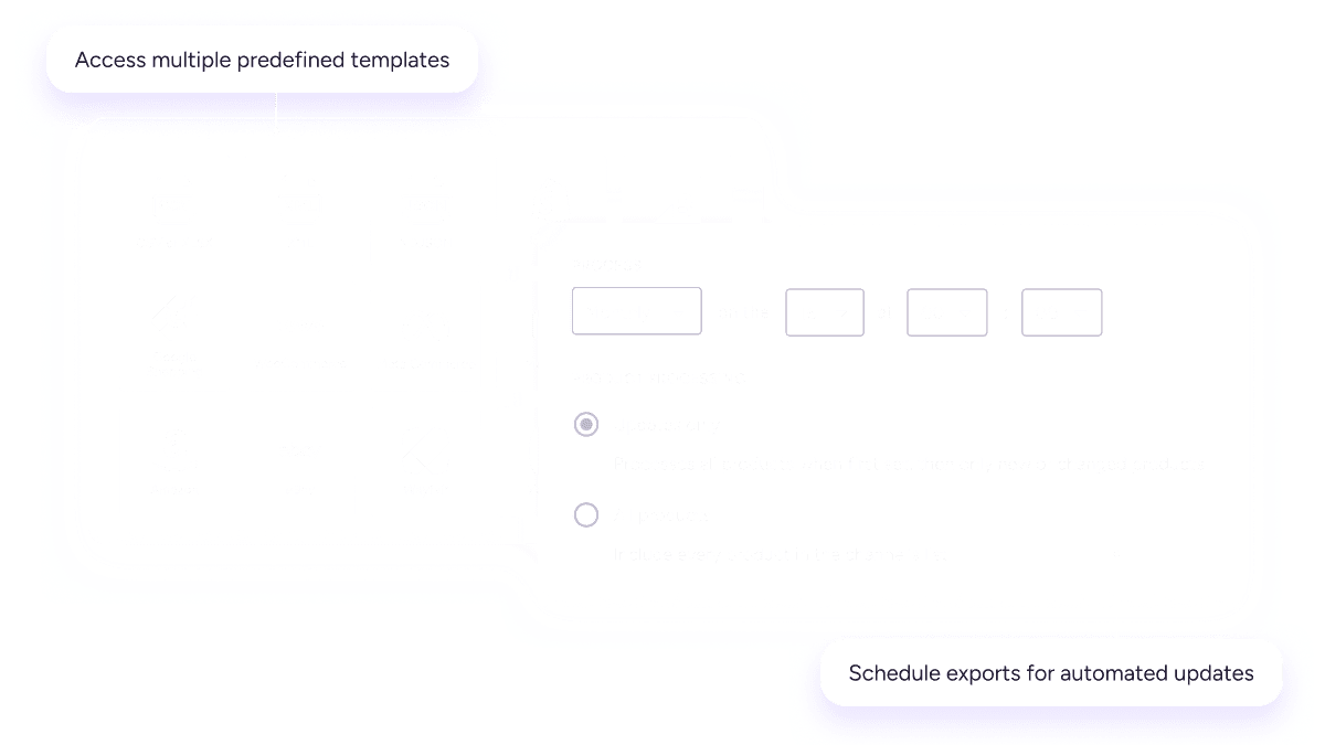 Plytix PIM interface showing multiple channel templates, and automatic scheduling options.