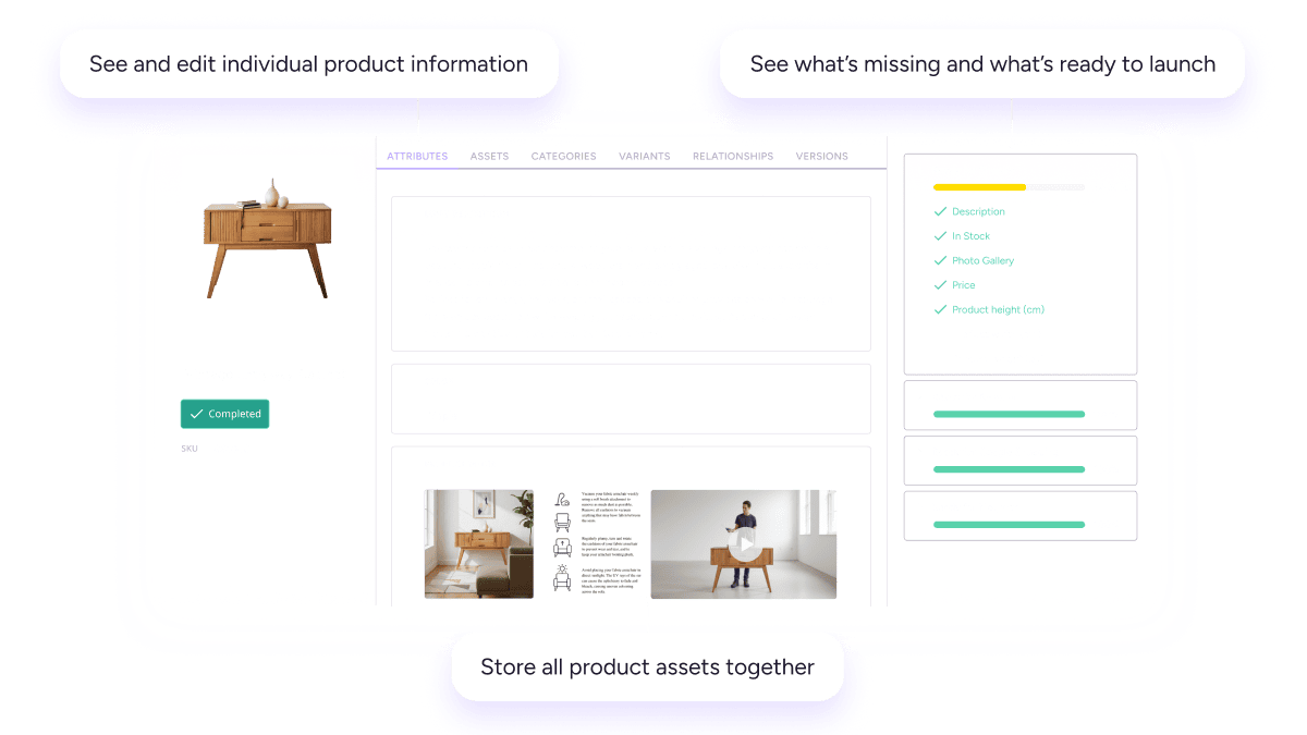 Plytix PIM interface showing the details of a product, with assets, and completeness attributes.
