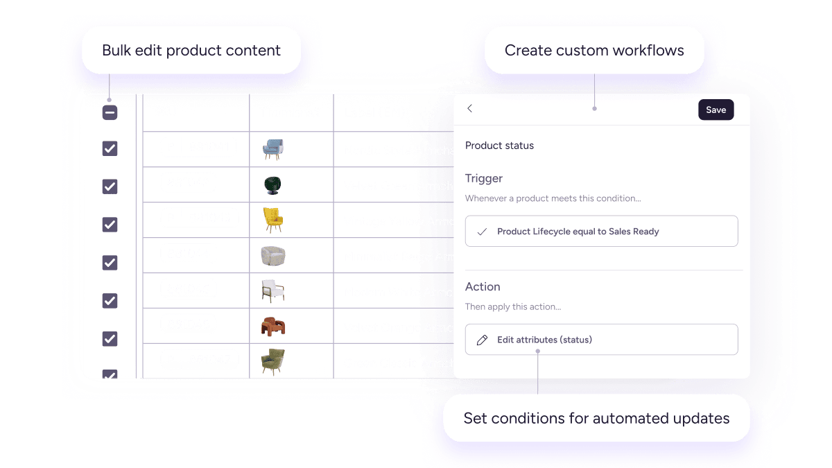 Plytix PIM interface showing bulk product editing, and automation options.