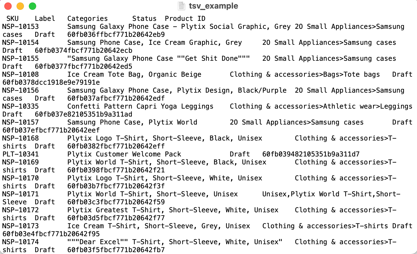 An example of product information in an TSV format