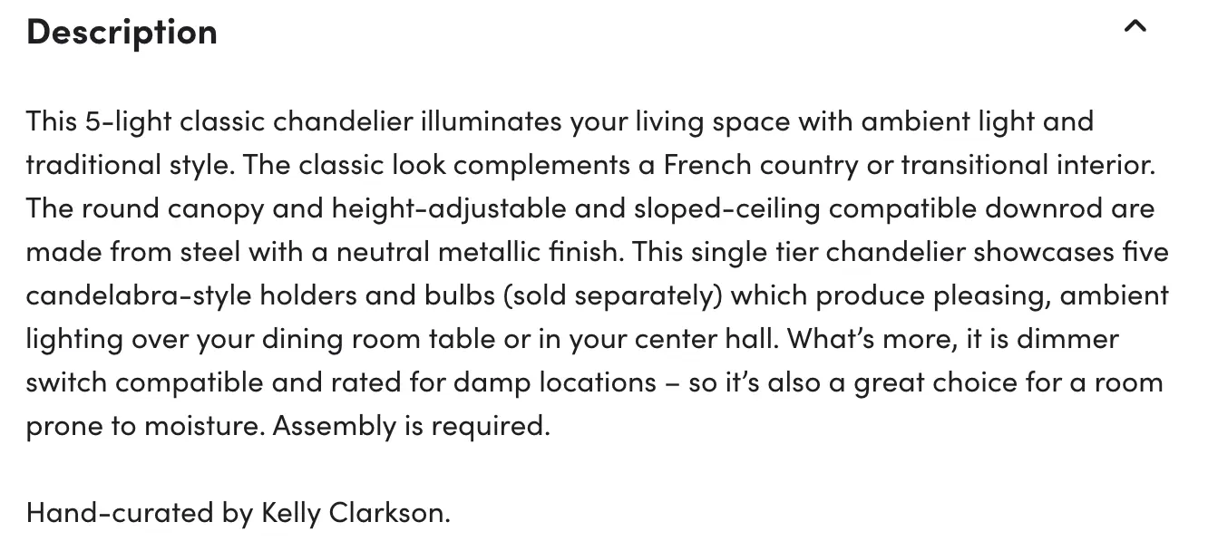 An example of Wayfair's product description