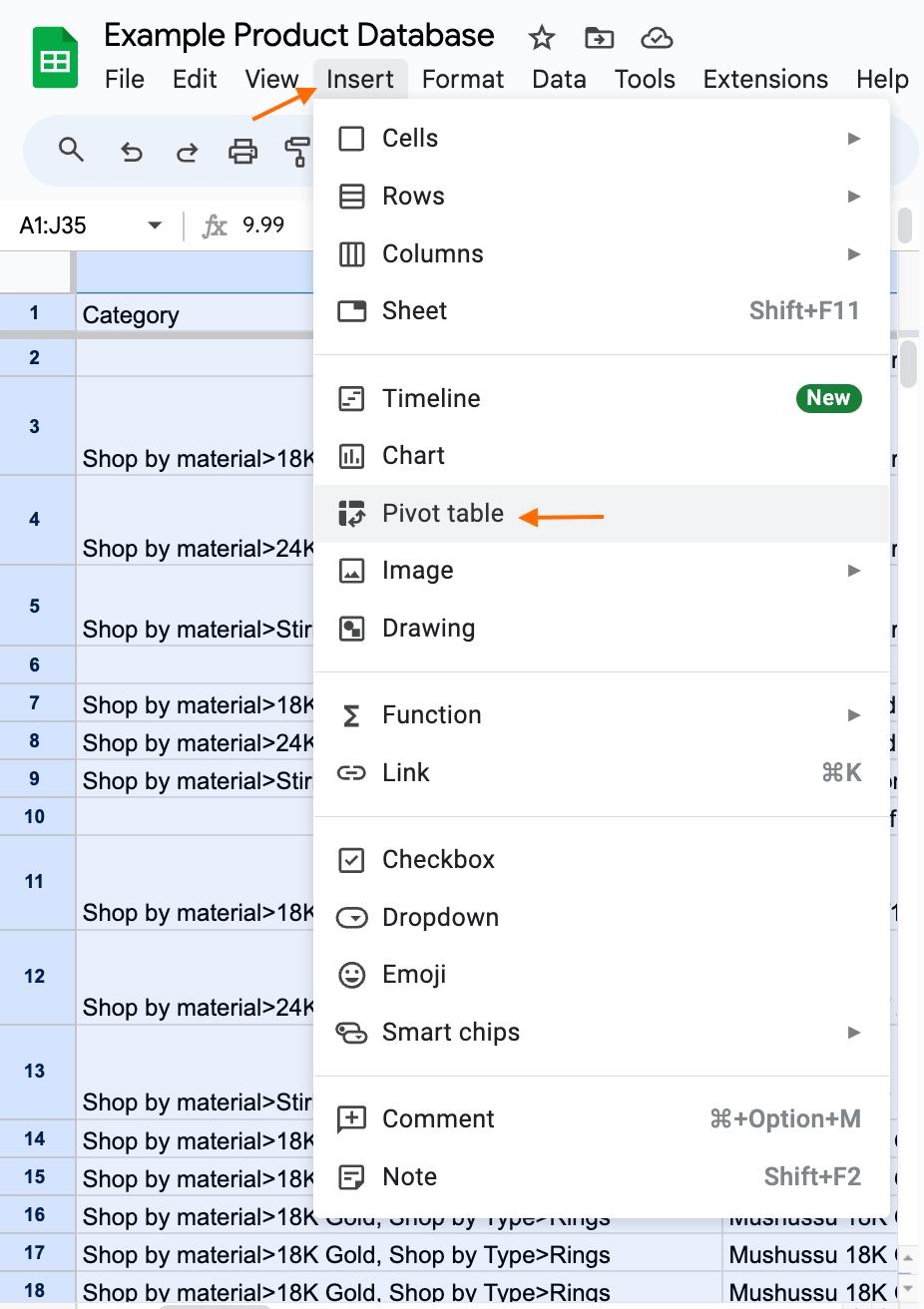 Pivot table with google sheets. Insert > Pivot table” style=”margin-left: auto; margin-right: auto; display: block; height: auto; max-width: 100%; width: 624px;”></p>
<p>In this example, we’ve set the product’s price as the “row” and the count of the SKU’s that have that price as the “value.” In this instance, we’re able to get a quick snapshot of how many products fall under what price category.</p>
<p><img decoding=