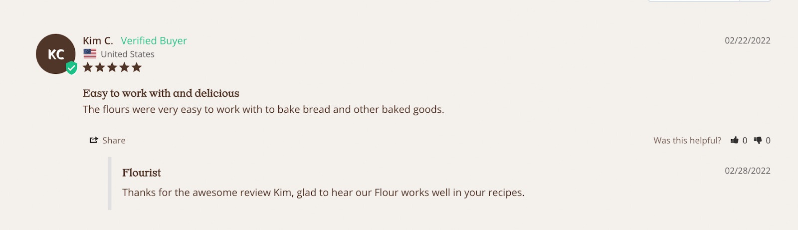 Customer review on website