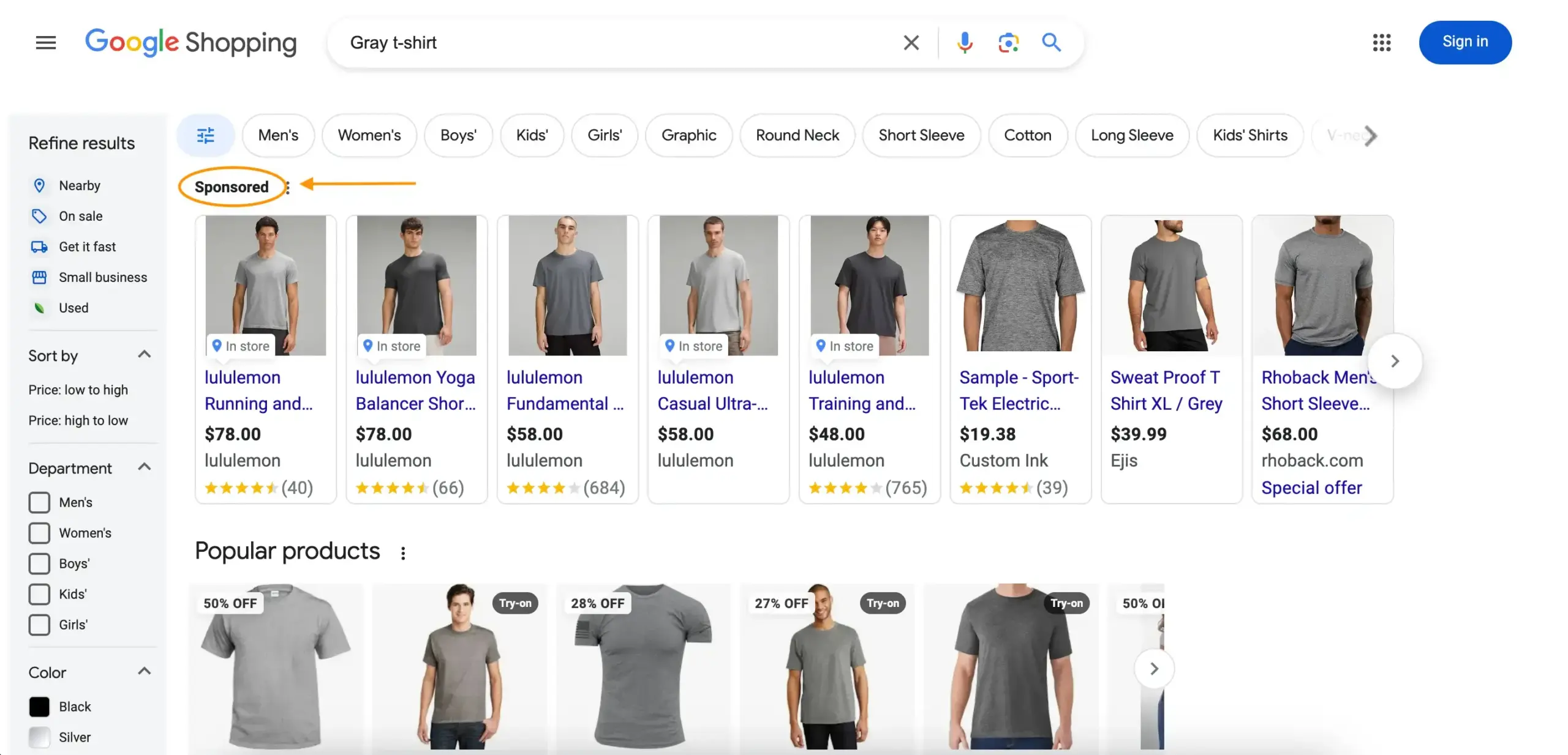 Example of Google Shopping ads placement for a gray t-shirt