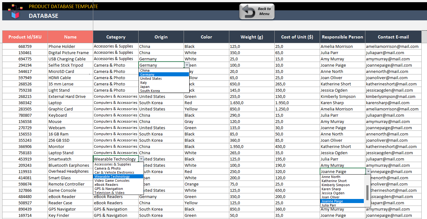 A spreadsheet example as a product database