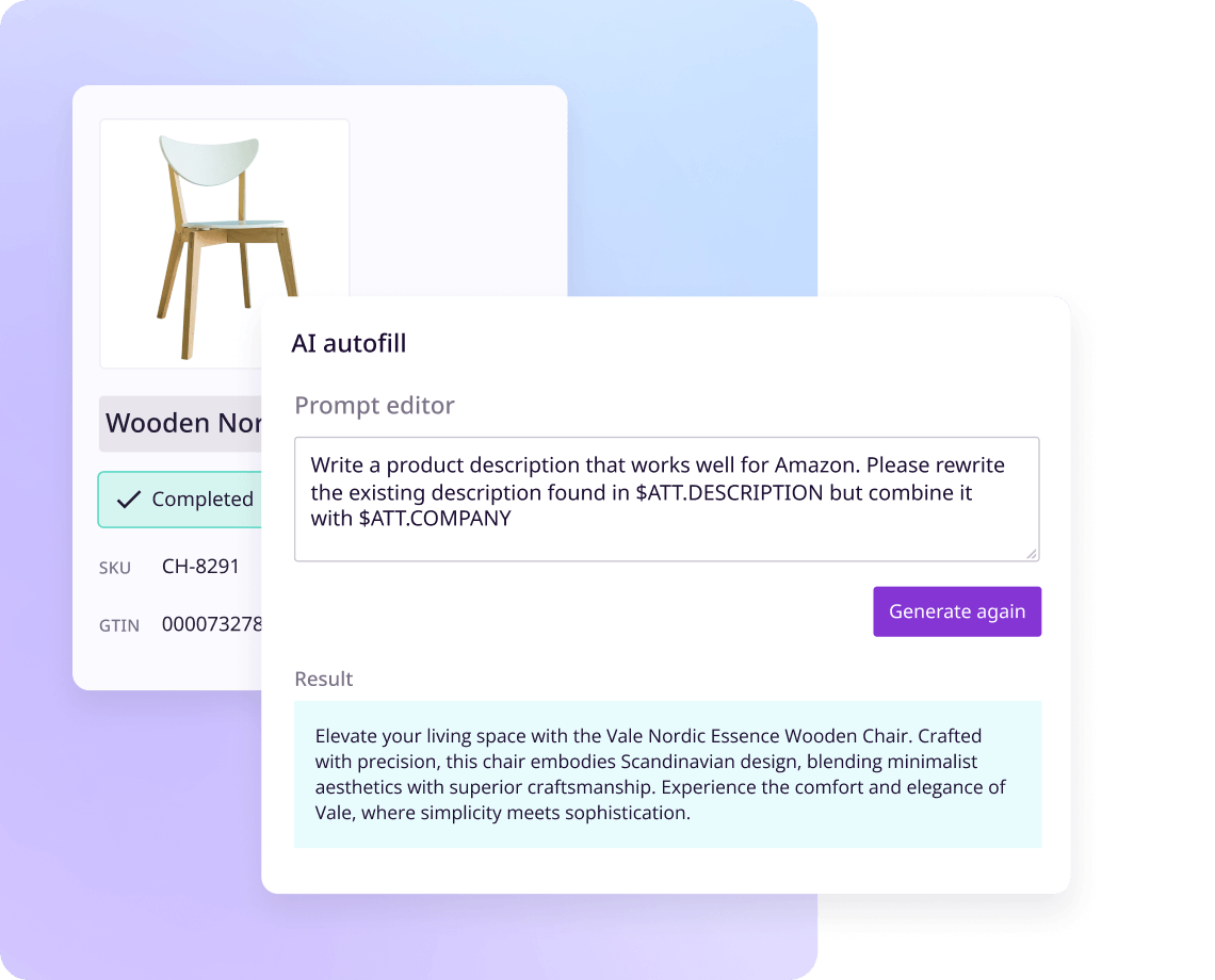 AI-generated product descriptions vs. manual, showcasing smart PIM features.