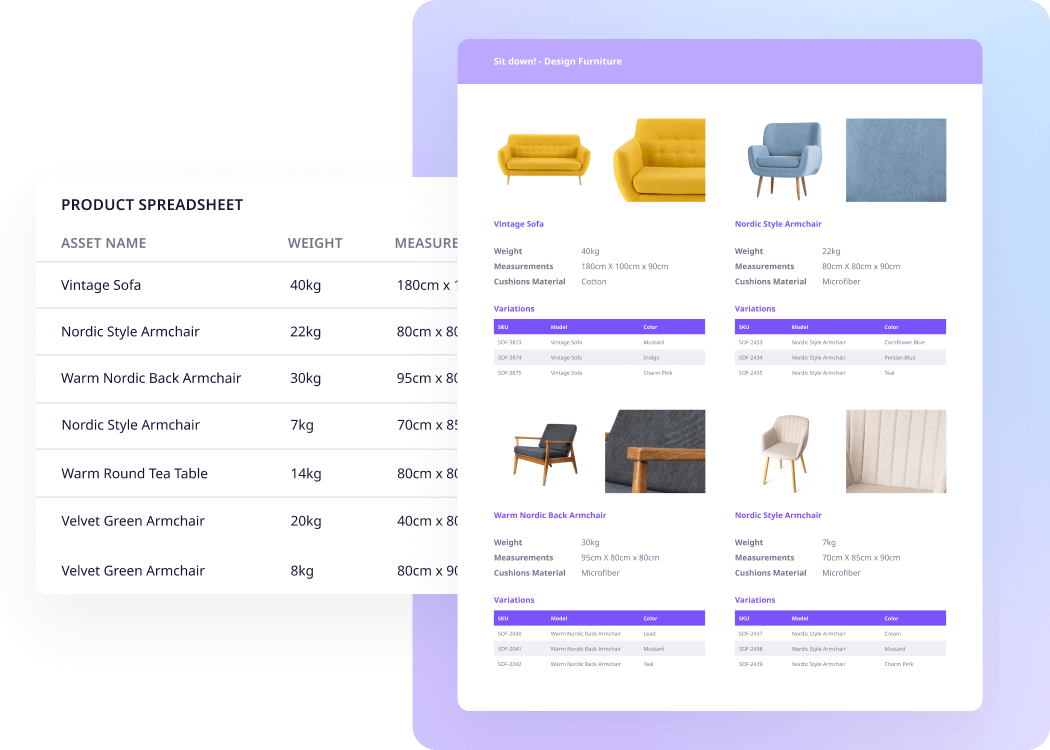 A generated product catalog with branding and specifications from a PIM system.