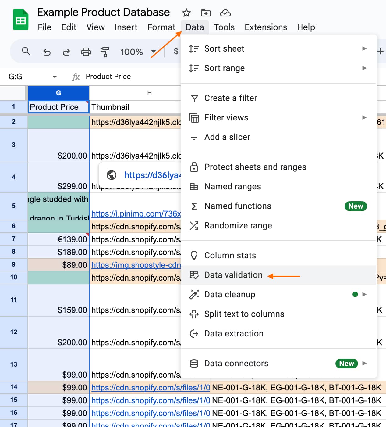 Data validation with google sheets. Data > Data Validation” style=”margin-left: auto; margin-right: auto; display: block; height: auto; max-width: 100%; width: 471px;”></p>
<p>In this example, we’re using data validation to check that all the prices listed are set to the correct currency. By setting the “rules” to “text contains” “$,” we will get an automatic error message for any piece of data that doesn’t adhere to this criteria.&nbsp;</p>
<p><img decoding=