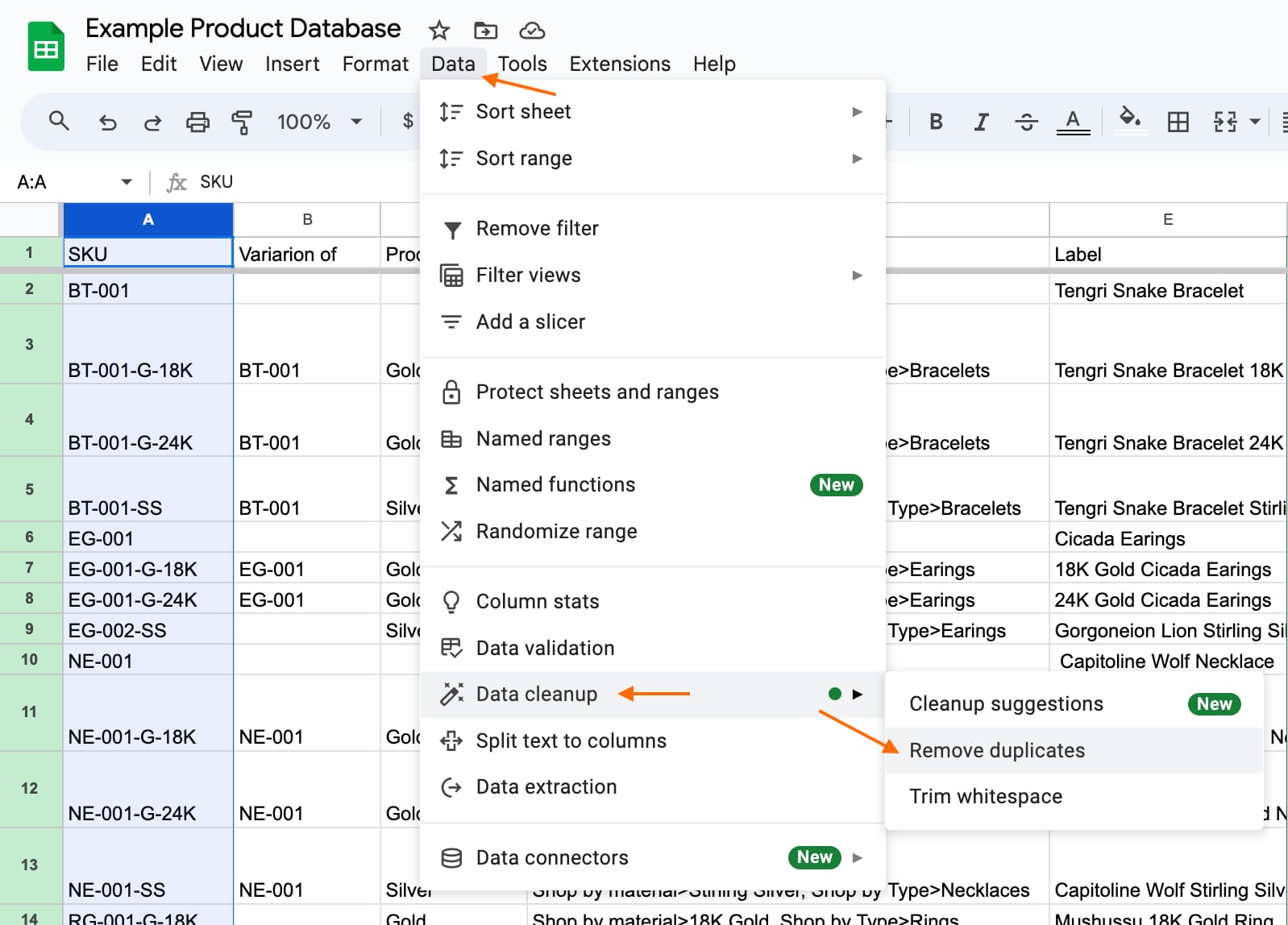 Remove duplicates with google sheets. Data > Data Cleanup > Remove duplicates” style=”margin-left: auto; margin-right: auto; display: block; height: auto; max-width: 100%; width: 624px;”></p>
<h2>Consider a PIM tool</h2>
<p>Google Sheets is undoubtedly a powerful tool for managing your product information. As we’ve seen throughout these eight tips, it’s versatile and efficient. However, as your business and product catalog grows, you may start to find limitations and increasing errors.&nbsp;</p>
<p>This is where a dedicated system for Product Information Management (PIM) comes into play. PIM elevates your data management capabilities to a new level, offering advanced features designed for&nbsp; handling complex product data.&nbsp;</p>
<p>With PIM, you can&nbsp;</p>
<ul>
<li><strong>Have customizable views: </strong>Whereas spreadsheets allow only for “filter views,” a PIM allows you to save completely customizable views for each team or colleague as needed. They can be used to ensure that only relevant information can be touched or changed by the appropriate teams, eliminating errors and making for a smoother workflow.&nbsp;
</li>
<li aria-level=