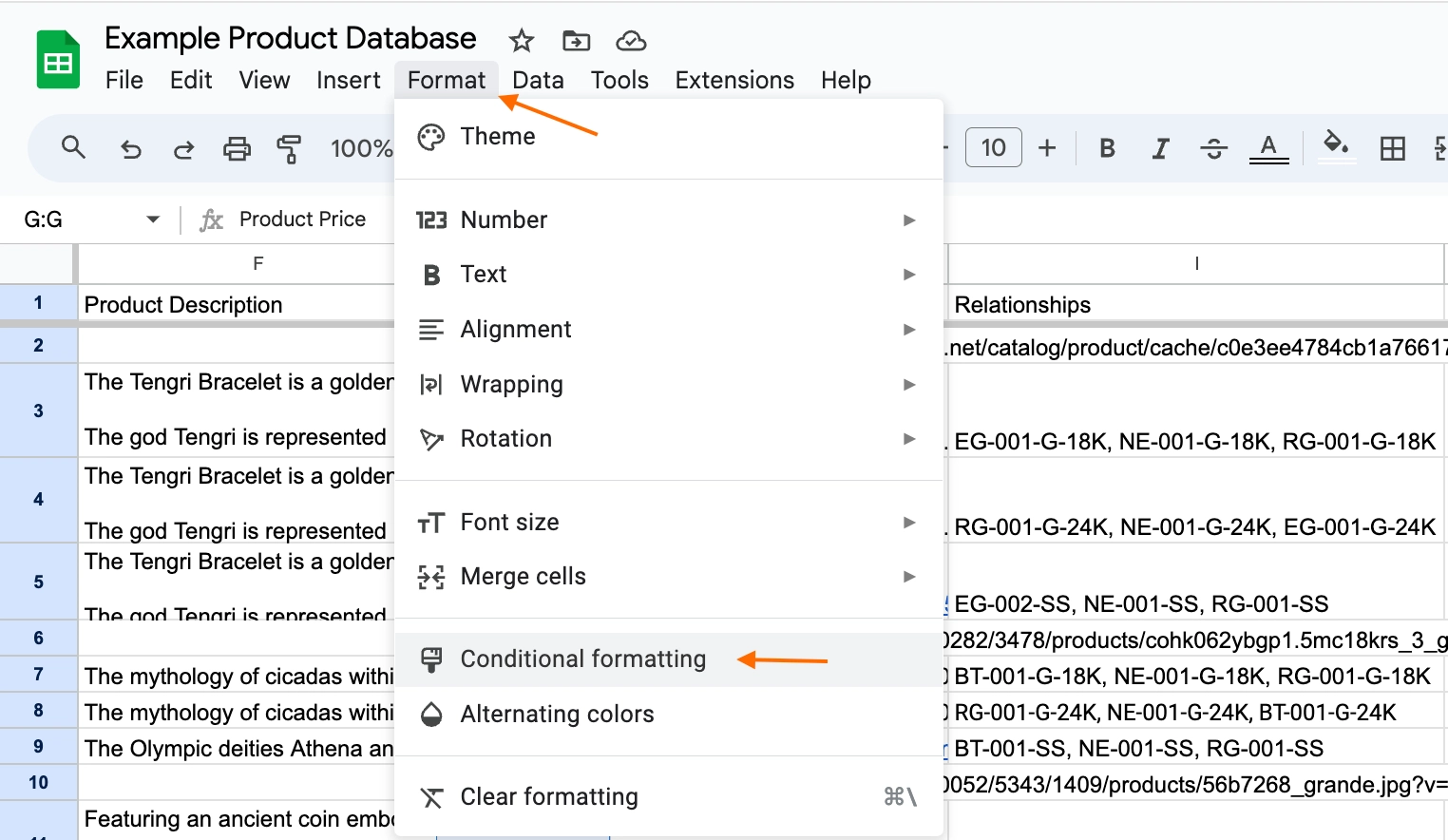 Conditional formatting with google sheets. Format > Conditional formatting” style=”margin-left: auto; margin-right: auto; display: block; height: auto; max-width: 100%; width: 624px;”></p>
<p>In this example, we’re using a rule that says if the selected cells are equal to less than 100, they’ll be highlighted orange. By doing this, we can gain a quick visual overview of how many of our products are selling for less than $100 should you want to assess or change your pricing. </p>
<p><img decoding=
