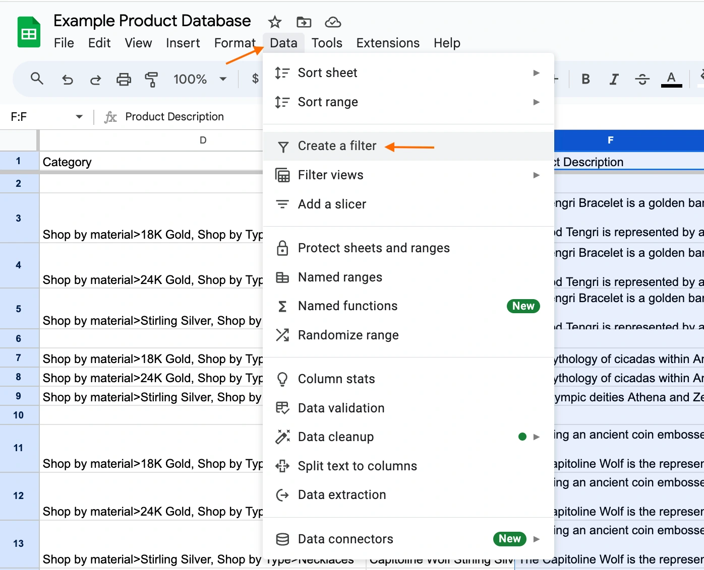Filters with google sheets. Data > create a filter” style=”margin-left: auto; margin-right: auto; display: block; height: auto; max-width: 100%; width: 624px;”></p>
<p>In this example, we’ve applied a filter to the product description collum to filter out any products with missing descriptions. That way, they can easily be worked on and added to. </p>
<p><img decoding=