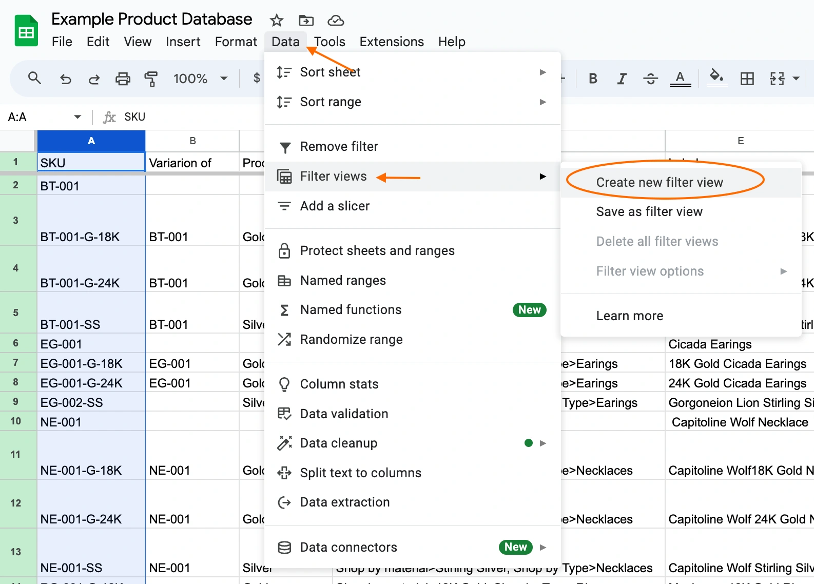 Filter views with google sheets. Data > Filter views > Create new” style=”margin-left: auto; margin-right: auto; display: block; height: auto; max-width: 100%; width: 624px;”></p>
<p>In this example, a filter has been applied to the product description column and saved as a view. This means that only the products with a missing description will be shown when using this view. A team might use a custom filter views like this for their marketing department to view and work on data that falls under their responsibility, like product descriptions. </p>
<p><img decoding=
