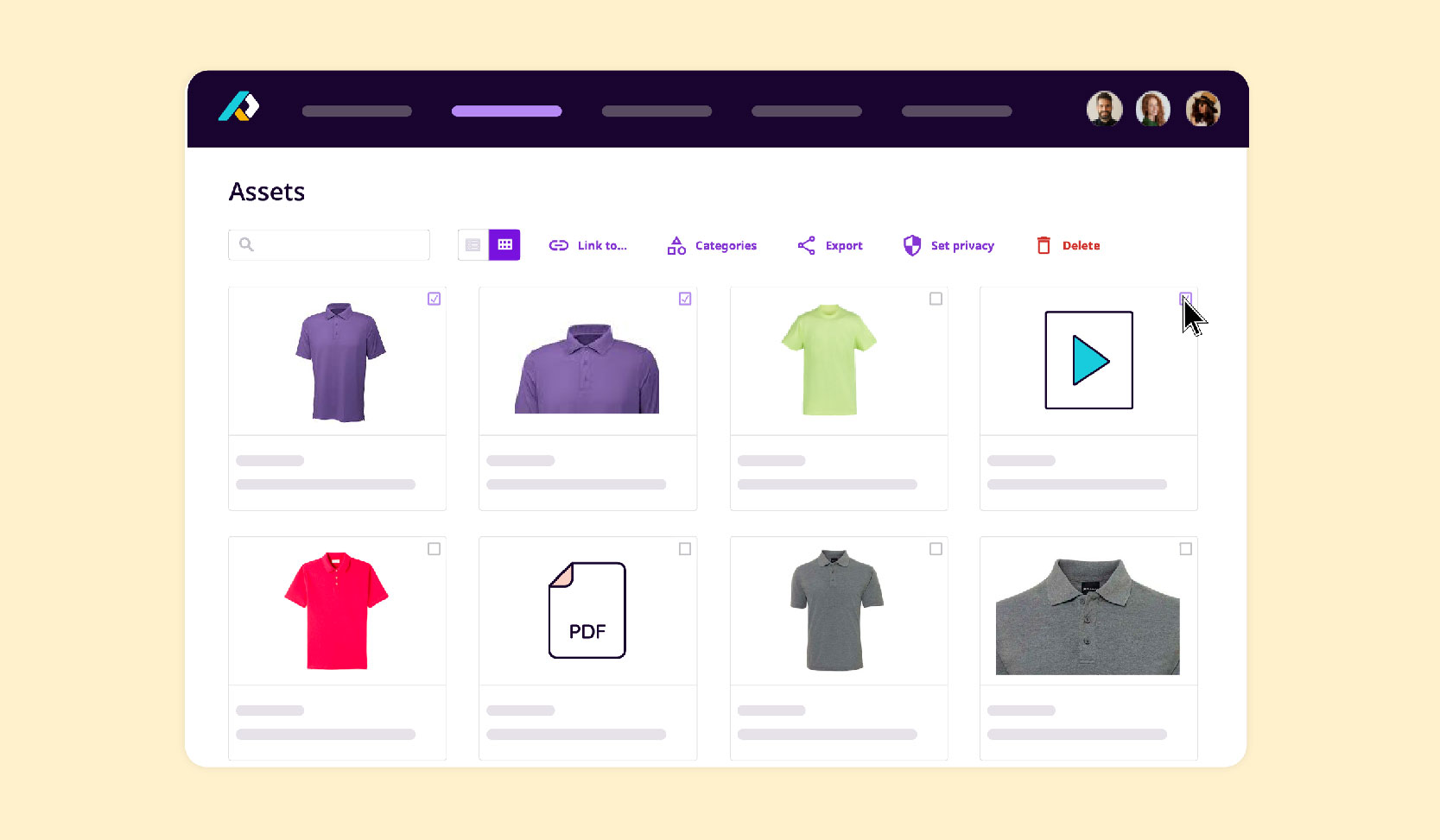 The Assets page of Plytix PIM, showing images, a PDF, and a video.