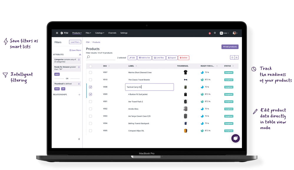 Visual illustration of a laptop showing how Plytix features work in the PIM platform