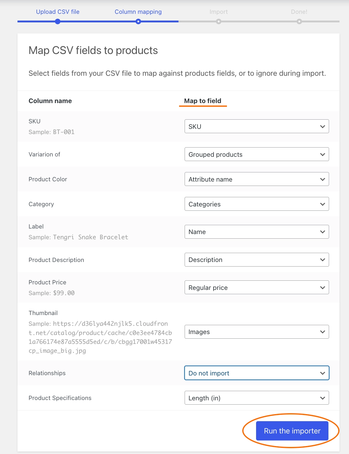 Mapping product fields in WooCommerce account