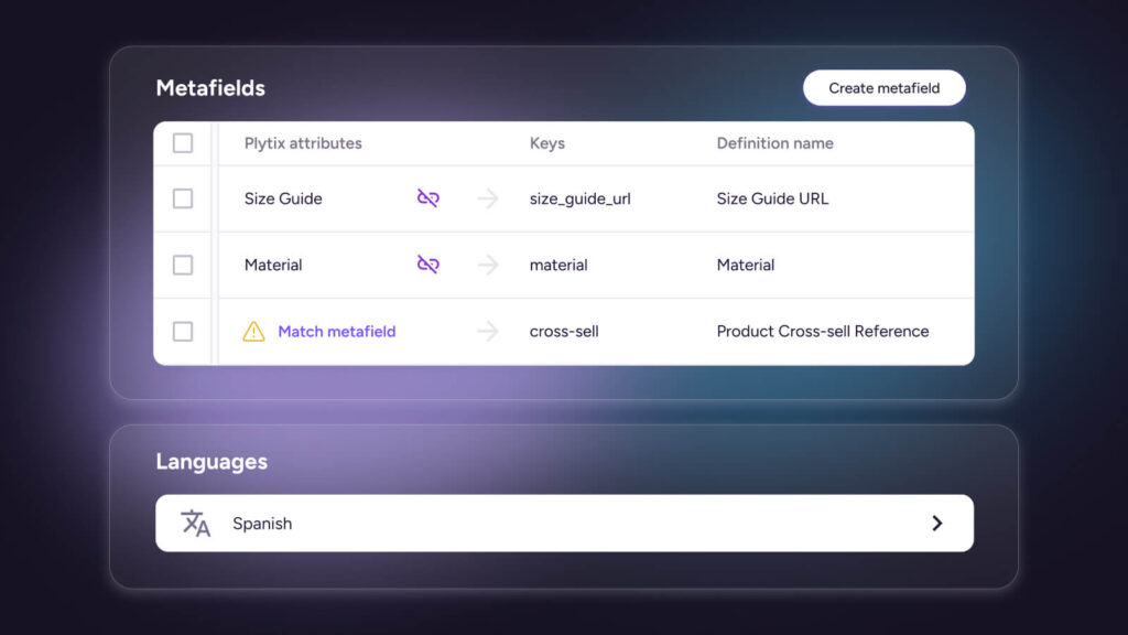 Plytix metafield mapping interface showing Shopify fields and metafields mapped to product attributes in the PIM