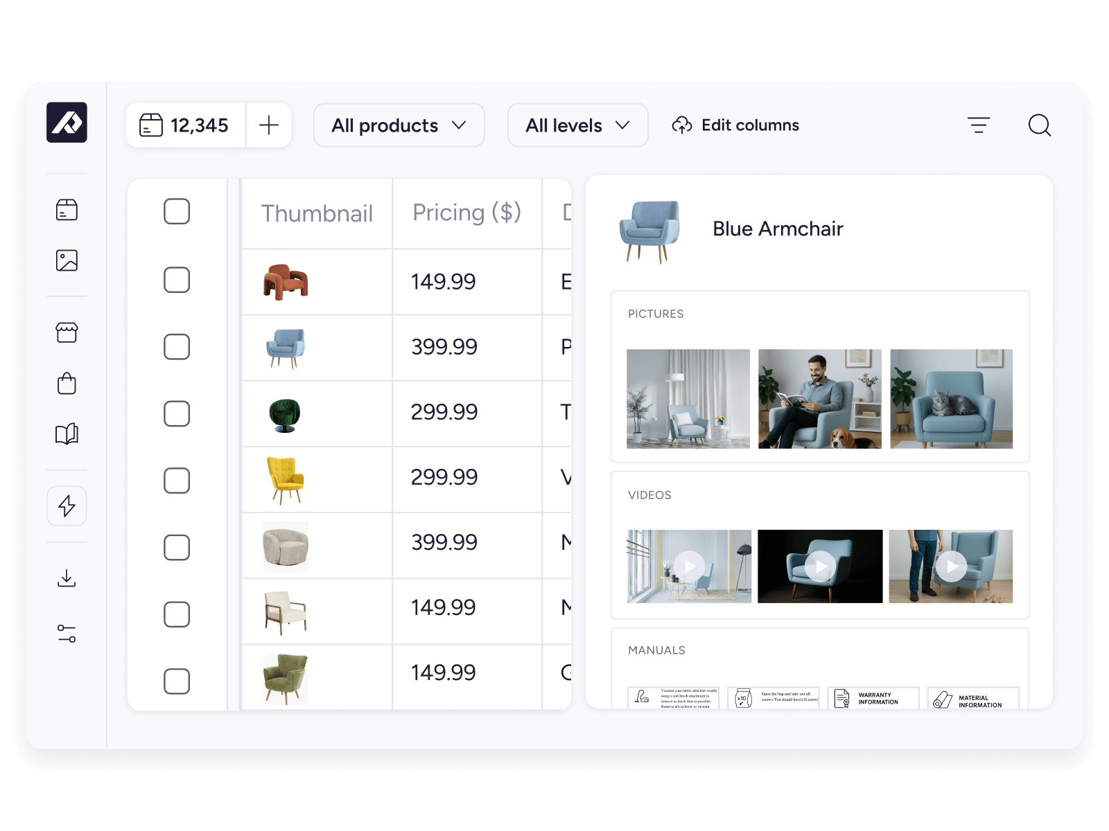 Plytix PIM and DAM product view with Blue Armchair selected, showing linked images, videos, and manuals.