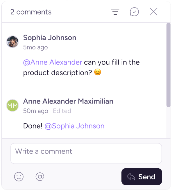 Plytix comments panel showing Sophia asking Anne to fill in a product description and Anne confirming it is done.