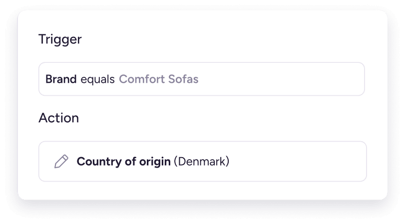 Plytix automation setting country of origin to Denmark when Brand equals Comfort Sofas.