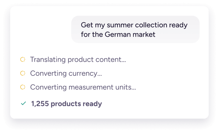 Plytix AI assistant preparing 1,255 products for the German market by translating content, currency, and units.