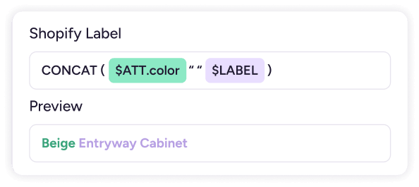 Plytix formula editor generating the Shopify label “Beige Entryway Cabinet” from color and label fields.