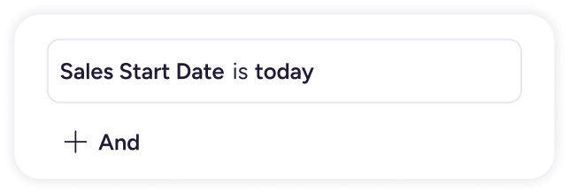 Plytix filter builder using the condition “Sales Start Date is today” with an option to add another rule.