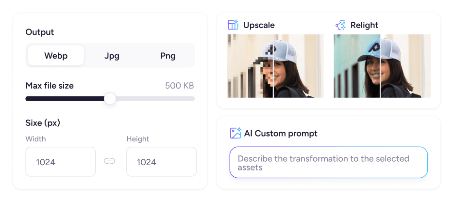 Plytix image editor with format and size controls plus AI Upscale, Relight, and Custom prompt tools.