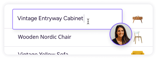 Plytix product table editing “Vintage Entryway Cabinet” in-cell with a collaborator present.
