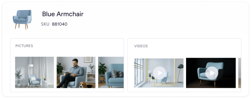 Plytix Blue Armchair product page showing linked pictures and videos for SKU 881040.