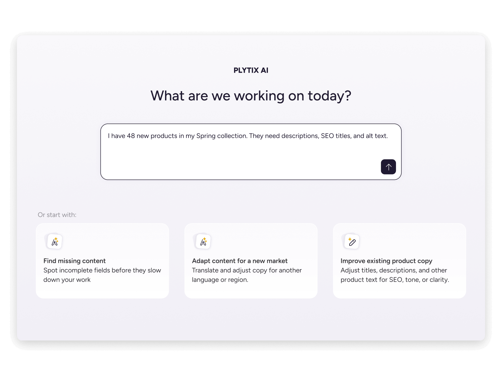Plytix AI content agent helping generate missing product content, adapt copy for new markets, and improve product text.