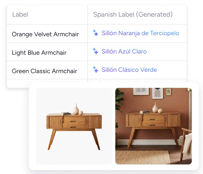 AI-generated product images showing a wooden cabinet with original white background alongside a rendered lifestyle room setting.