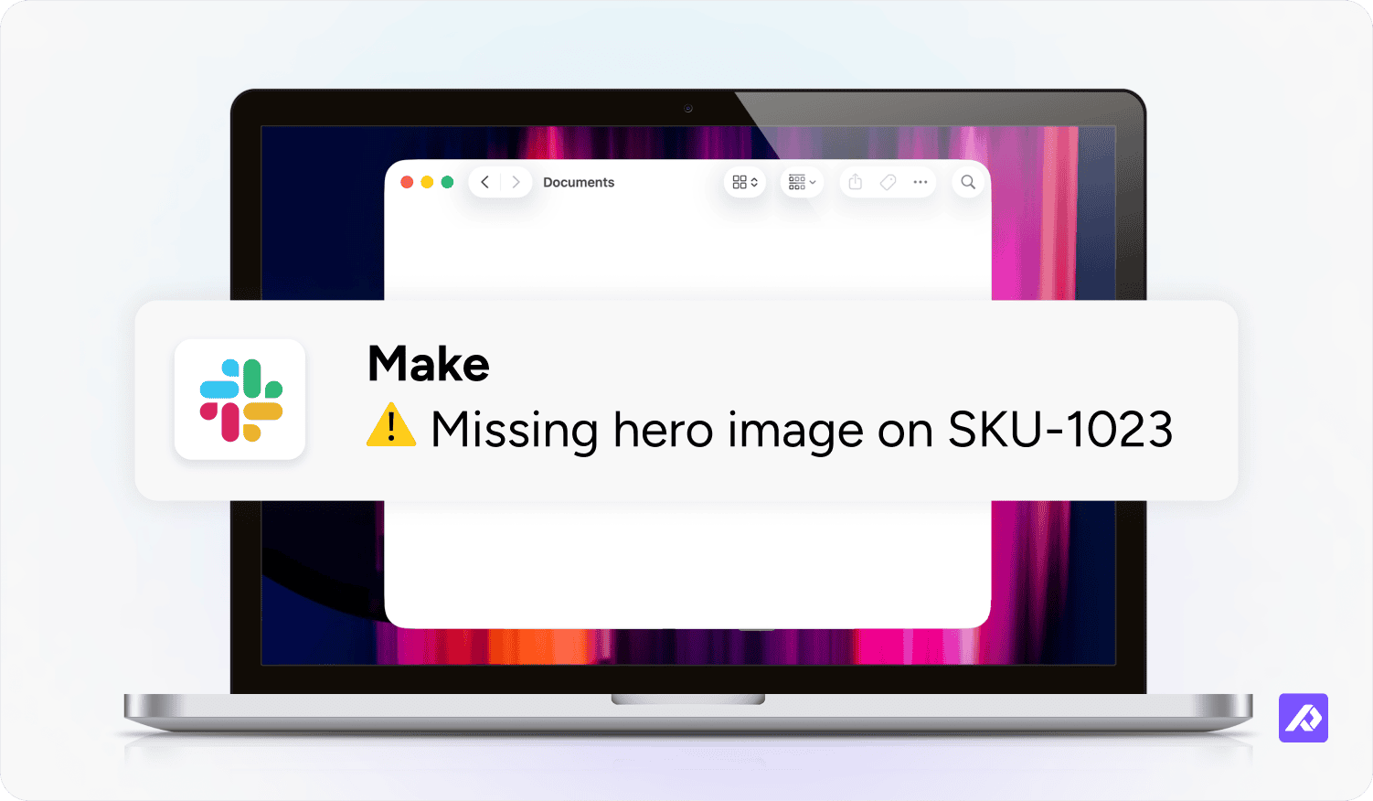 Slack notification via Make integration warning 'Missing hero image on SKU-1023' over a laptop screen.