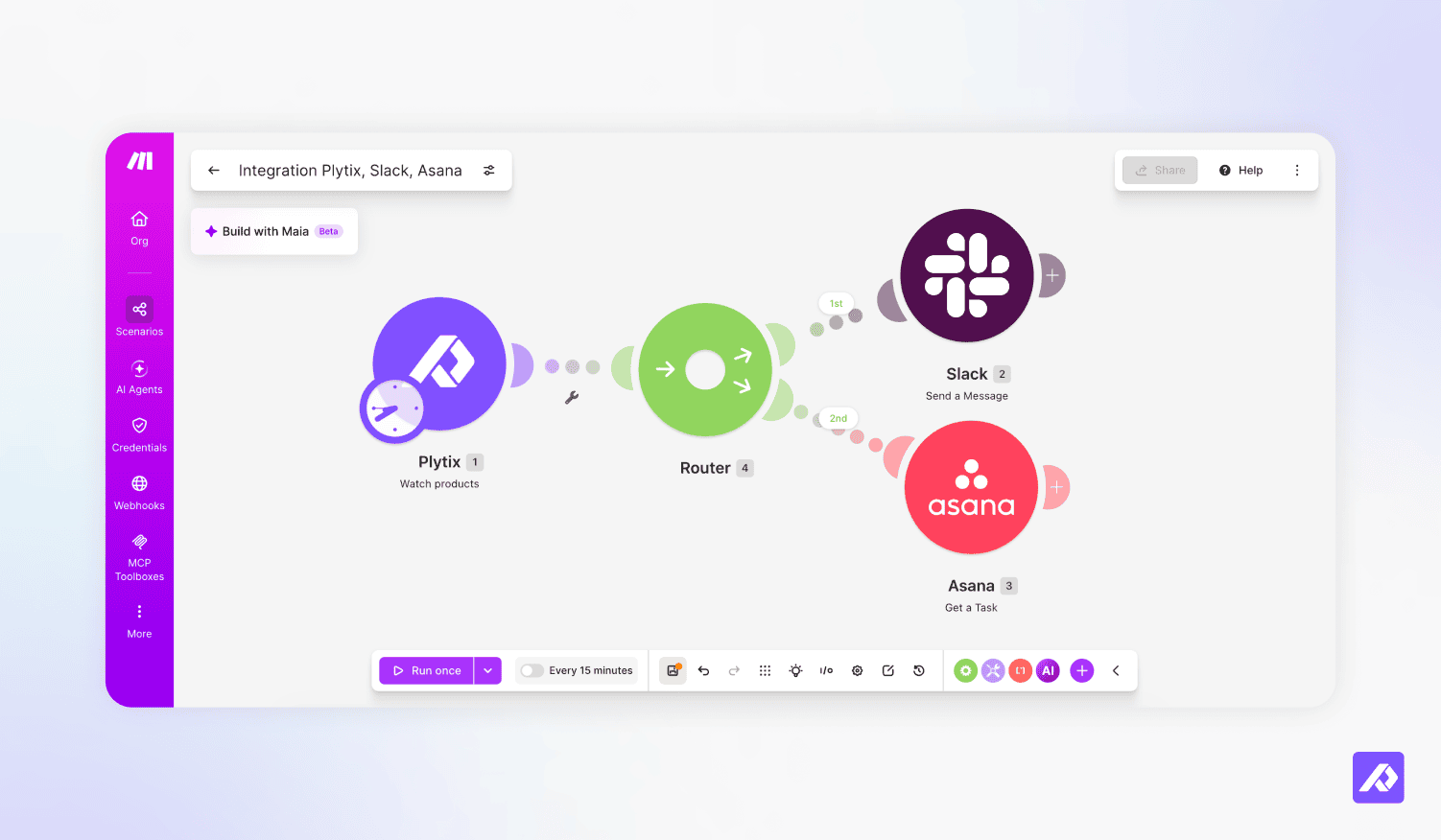 Make integration scenario routing Plytix product updates to Slack and Asana.