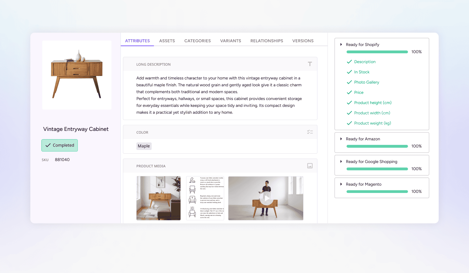 Plytix product page for 'Vintage Entryway Cabinet' showing completed attributes, media, and 100% readiness across all channels.
