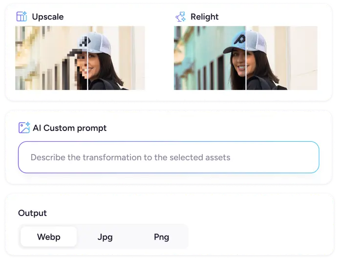 AI image editing interface showing options for Upscale, Relight, custom prompts, and format conversion outputs.