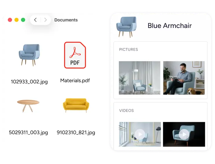 Comparison showing unorganized local folder files versus structured DAM product media gallery linked to product.