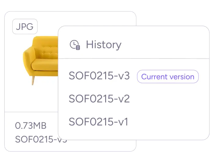 DAM asset version history dropdown displaying revisions v1 through v3 for yellow sofa image file.