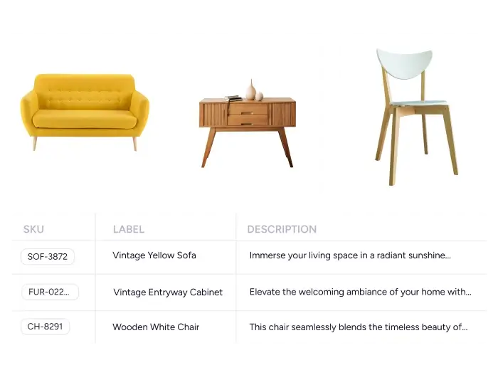 Plytix product information management software showing three furniture items with their SKUs, names, and descriptions in a structured gallery view