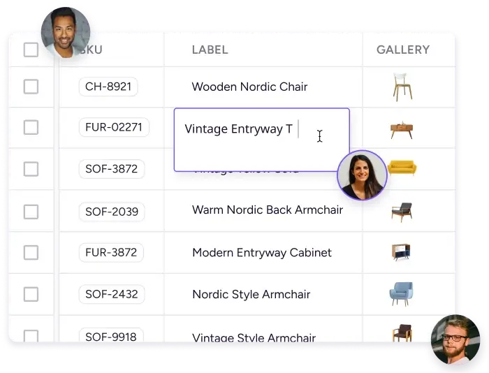 Team collaboration inside Plytix PIM software with a shared product list and product image preview panel open simultaneously